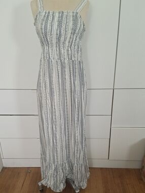 Japna White & Blue Striped Smocked Maxi Dress